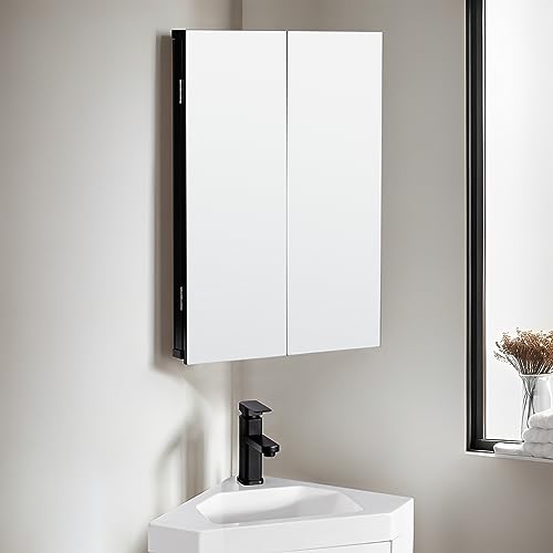 eclife 24" Bathroom Corner Medicine Cabinet W/Mirror, Double Doors Bathroom Black Wall Mount Mirror Cabinet, Hanging Triple Shelf Storage Cabinet Opens Left and Right - color: Black, size: 18"-Double Doors