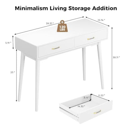 FUNKOCO White Small Vanity Desk with Drawers, 40 Inch Simple Writing Desk | Vanity Desk No Mirror with 4 Solid Legs, Modern Computer Desk for Small Spaces, Home Office, Study - color: Cream White