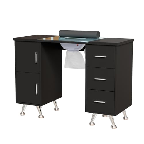 OmySalon Manicure Table Nail Desk for Nail Tech w/Glass Top & Wrist Rest, Beauty Salon Nail Supplies Decor Workstation Acetone Resistant w/2 Side Cabinet+3 Drawers, Black - color: Black