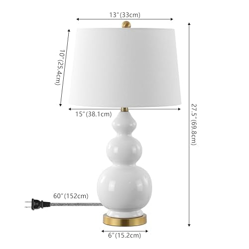 JONATHAN Y Bowen 27.5" Ceramic Triple Gourd Table Lamp, White/Brass Gold | Contemporary, White Linen Drum Shade, Modern Transitional Style, Metal Base, LED Bulb Included - color: White