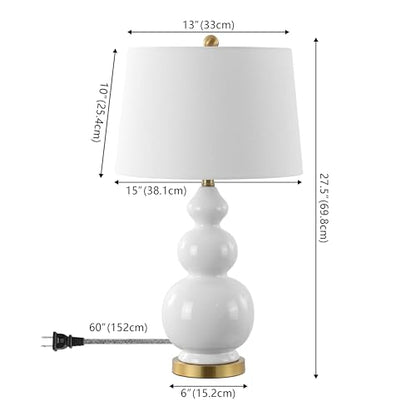 JONATHAN Y Bowen 27.5" Ceramic Triple Gourd Table Lamp, White/Brass Gold | Contemporary, White Linen Drum Shade, Modern Transitional Style, Metal Base, LED Bulb Included - color: White