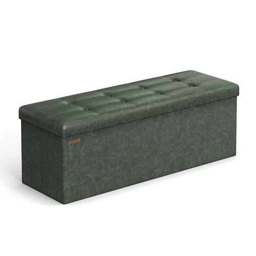 SONGMICS Mazie Collection - 43 Inches Folding Storage Ottoman Bench, Ottoman with Storage, Foot Rest Stool, Load 660 lb, for Living Room, Synthetic Leather, Forest Green ULSF070C01 - color: Forest Green, size: 15"D x 43"W x 15"H