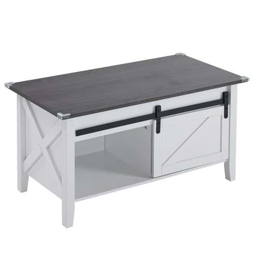 VINGLI Farmhouse Lift Top Coffee Table,36" Living Room Table,White Charcoal