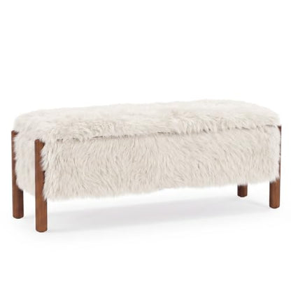 Modern Storage Benches with Walnut Wood Legs, 47'' Ottoman Bench with 20 Gallons Storage Space for Bedroom End of Bed, Faux Fur Fabric Upholstered Entryway Bench, Beige - color: Faux Fur-beige