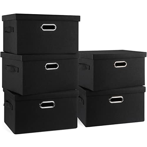 Graciadeco Medium 15" 21 Quart Collapsible Stackable Storage Bins with Lids, 5 Packs Black Foldable Fabric Closet Storage Boxes with Lids, Lidded Heavy-duty Linen Baskets(15x11x8) | 21 Quart 5 Pack Black Collapsible Stackable Linen Fabric 4 Handles Bedroo