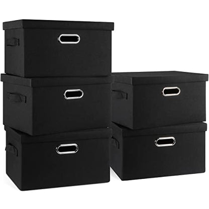 Graciadeco Medium 15" 21 Quart Collapsible Stackable Storage Bins with Lids, 5 Packs Black Foldable Fabric Closet Storage Boxes with Lids, Lidded Heavy-duty Linen Baskets(15x11x8) | 21 Quart 5 Pack Black Collapsible Stackable Linen Fabric 4 Handles Bedroo