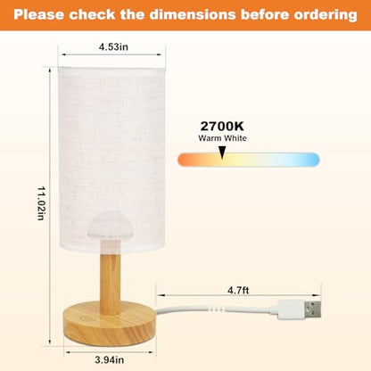 Small Touch Table Lamp with Stepless Dimming&USB Plug,Natural Round Wood Base&Linen Fabric Shade |Soft Ambient Warm Night Light|Minimalist Boho Bedside Lamp for Bedroom,Nightstand,Nursery,Kitchen,Dorm - size: Round - USB Plug Touch - Set of 1