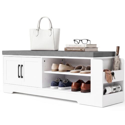 Farmhouse Shoe Storage Bench with 3-in-1 Entryway Storage & Padded Seat | 47.3" Wide Entryway Bench with Adjustable Shelves, Shoe Organizer & Side Storage Rack for Living Room, Bedroom, White - size: 47.3" Wide