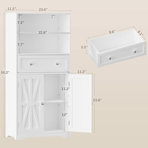 VECELO Bathroom Floor Storage Cabinet with Drawer, Freestanding Storage Unit with Adjustable Shelves, Open Compartments, for Bathroom, Living Room, Kitchen, White