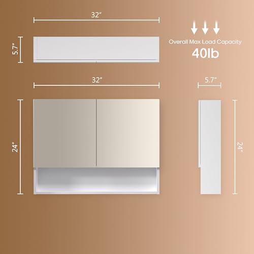 Bathroom Cabinet with Mirror, Wall Cabinet with 2 Mirrored Doors, Adjustable Shelf, Open Compartment, Wall-Mounted, 24x32 Inches, White (Assembly Required) - color: White, size: W32 x H24 - 2 Door