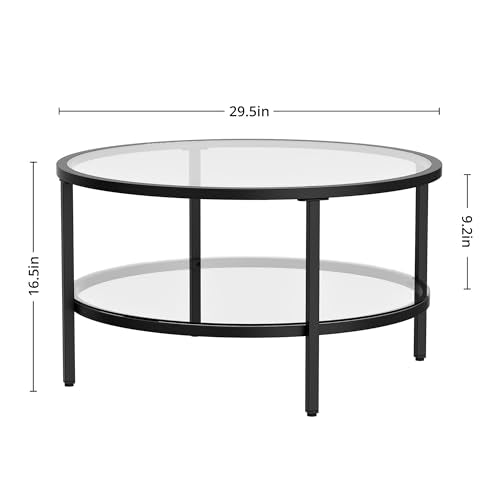 DIYART 29.5" Round Glass Coffee Table, 2-Tier Modern Black Glass & Metal End Table for Living Room, Mid Century Accent Table with Lower Shelf, 29.5" D x 16.5" H