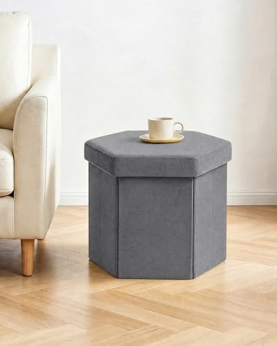 B FSOBEIIALEO Storage Ottoman Cube Hexagonal Pouf Ottomans, Foot Rest Seat for Sofa Footrest Entryway Shoe Footstool for Living Room/Bedroom/Entrway Velvet Grey 16.93"x15"x15" - color: Grey