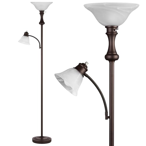 Torchiere Floor Lamp, Adjustable Angle Reading Lamp-Red Brown 71IN | Standing Lamp for Bedroom with Glass Shade, Tall Floor Lamp for Living Room Decor, Office, Corner, Knob Switch, Bulb Included - color: Red Brown