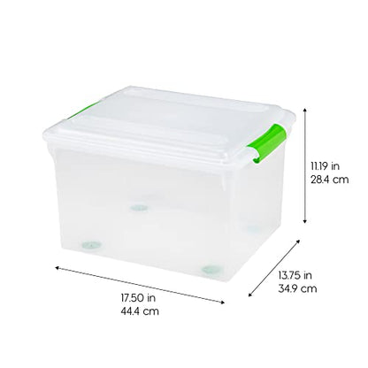 IRIS USA 4-Pack 35 Qt. File Box Organizer with Lid, Clear | Organize classroom documents, lesson plans and teaching materials with secure storage for teachers, schools and educators - style: Clear/Green - 4 Pack