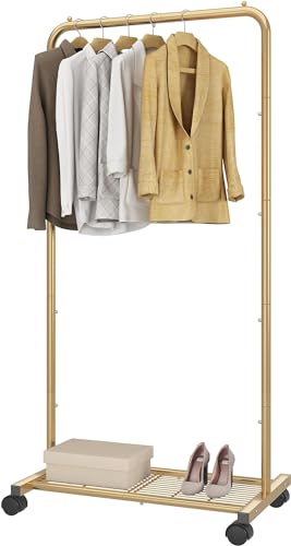 Simple Trending Clothes Garment Rack, Clothing Rack, Golden Yellow | Commercial Portable Closet with Mesh Storage Shelf, Anti-Slip Stoppers, 360° Wheels, Bedroom, Laundry Room - size: Single Shelf