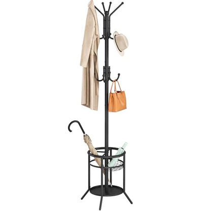 ELYKEN Coat Rack Freestanding, Metal Coat Rack with Umbrella Holder | 12 Hooks, Round Base, Heavy Duty Floor Standing Coat Tree for Entryway, Hallway, Living Room, Bedroom, Office, Black - color: Black