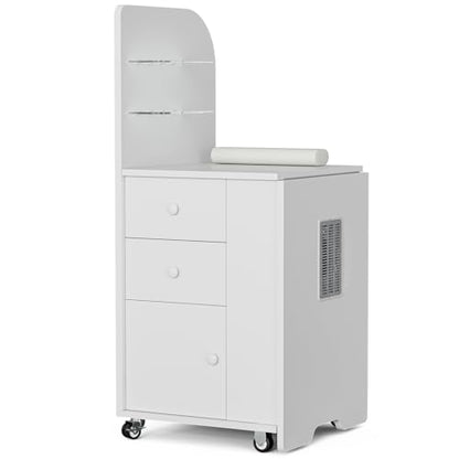 Foldable Nail Desk Manicure Table, Folding Nail Table Station for Nail Tech w/Dust Collector, 2 Open Shelves & 2 Drawers, Foldable Manicure Desk w/Wrist Cushion, Lockable Wheels - color: White