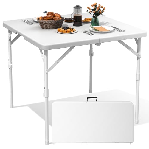 34" Square Folding Table, Plastic Card Table with Carrying Handle, Fold-in-Half Utility Portable Dining Tables Indoor Outdoor for Kitchen, Party, Picnic, Camping, Office, Wedding, White