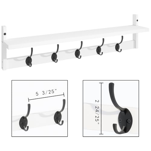 BAMEOS Wall-Mounted Wood Shelf with 5 Dual Hooks for Bathroom, Living Room, Bedroom (White-with Shelf) - style: White-28.9IN with shelf