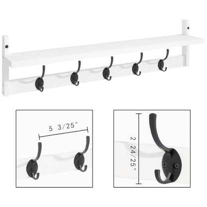 BAMEOS Wall-Mounted Wood Shelf with 5 Dual Hooks for Bathroom, Living Room, Bedroom (White-with Shelf) - style: White-28.9IN with shelf