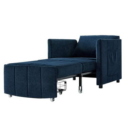 Pull Out Sofa Bed for Living Room, 31.5" Upholstered Convertible Sleeper Sofa, 3-in-1 Convertible Sleeper Chair with 5-Position Adjustable Backrest, Side Pockets and a Storage Basket (Blue/352) - color: Blue/352