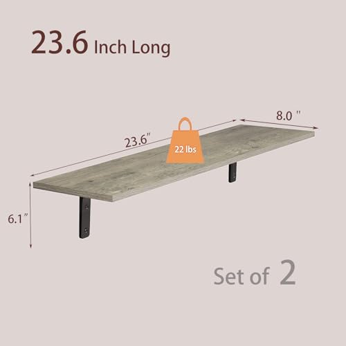Long Wall Shelves, 23.6Inch Wooden Wall Mounted Shelves, Set of 2 | Floating Book Shelf, Metal Brackets, Easy Assembly, Max Load 22lbs, Wall Storage Ledges, Bedroom/Bathroom/Kitchen, Gray Wash - color: Gray Wash, size: 23.6 Inch