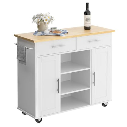 Shintenchi Kitchen Island with Storage, Kitchen Island Cart on Wheels with 3 Open Shelves, 2 Drawers and 2 Cabinets, Rolling Kitchen Table with Large Countertop, White - color: Green and White-26 Inch