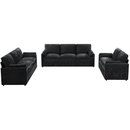 3 Pieces Chenille Sofa Set w/Two Arm Pillows, Black | Upholstered Loveseat & 2 Pieces 3-Seater Sofa w/Soft Cushions, Modern 2-Seat & 3-Seat w/High-Density Foam for Living Room - color: Black, size: 69" & 89" & 89" Sofa Set