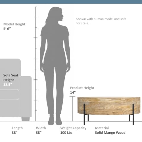 SIMPLIHOME Rayburn 38" Wide Solid Mango Wood Drum Coffee Table in Natural | Modern industrial coffee table with black metal legs and a large surface; round cocktail table or center table. - color: Refined Natural
