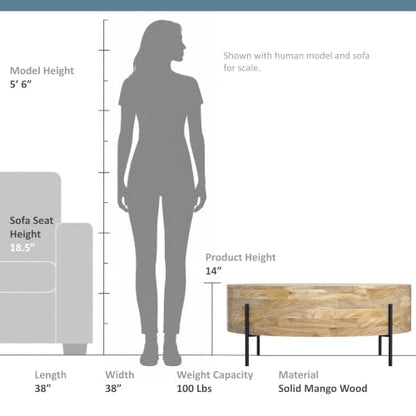 SIMPLIHOME Rayburn 38" Wide Solid Mango Wood Drum Coffee Table in Natural | Modern industrial coffee table with black metal legs and a large surface; round cocktail table or center table. - color: Refined Natural