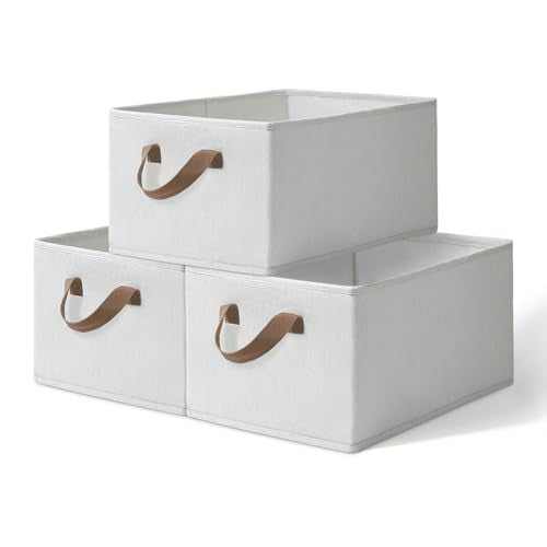 Large Fabric Storage Bins for Closets,3-Pack Collapsible Closet Organizer Clothing Storage,Decorative Shelf Baskets for Organizing,Fabric Baskets for Storage Box,18.5" x 11" x 8.3",Beige