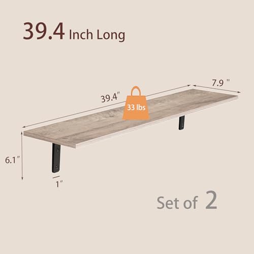 Long Wall Shelves, 39.4Inch Wooden Wall Mounted Shelves, Set of 2 | Large Floating Book Shelf, Metal Bracket, Easy Assembly, Max Load 33lbs, Wall Storage Ledges, Bedroom/Bathroom/Kitchen Greige - color: Greige, size: 39.4 Inch