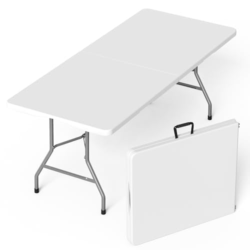 VSOAEIL 6 Foot Folding Table, 6 FT Foldable Plastic Table Heavy Duty HDPE | 6 Feet Portable Fold-in-Half Utility Folding Table with Handle for Picnic, Party, Dining, Camping, Indoor & Outdoor, White - color: White, size: 6 FT - 1 PACK