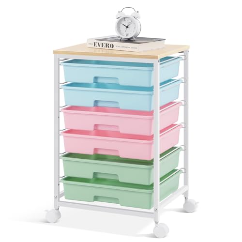 Sykiariol Rolling Cart with 6 Drawers,Colorful | Utility Cart with Lockable Wheels and Wooden Tabletop for Under Desk Storage,Teacher Cart for Classroom - color: Colorful, size: 6 Drawers
