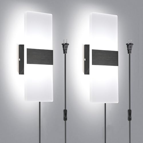 TRLIFE Wall Sconce Plug in, Modern Wall Sconces 12W LED Wall Sconce 6000K Cool White Acrylic Wall Mounted Light Wall Lights with 6FT Plug in Cord and On/Off Switch on The Cord(2 Pack, Black) - color: Black-6000K Cool White, size: 2 Pack