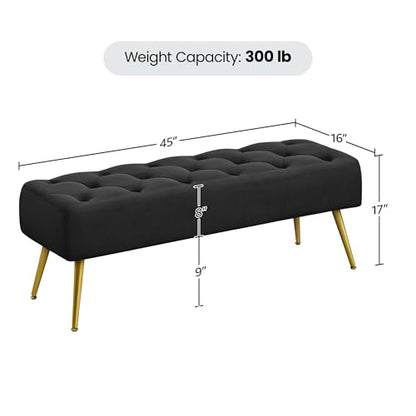 Yaheetech 45in Upholstered Velvet Ottoman Bench Seat with Gold Legs, Black | Tufted Upholstered Bench Seat, Bed Bench with Tapered Gold Metal Legs, Sized for Window Seat Entryway Living Room - color: Black