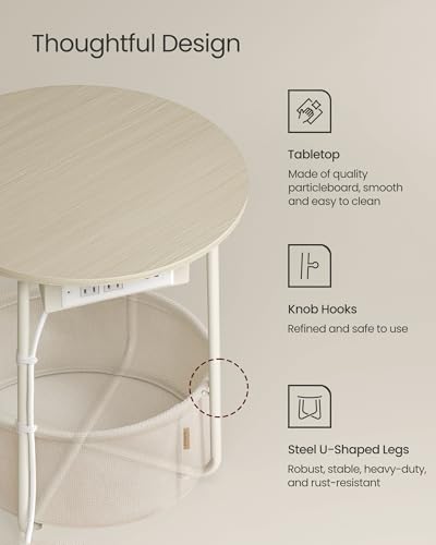 VASAGLE LILEA Collection - Side Table with Charging Station, Round End Table with Fabric Basket, Nightstand with USB Ports, for Living Room, Bedroom, Modern, Cream White ULET228N01 - color: Cream White