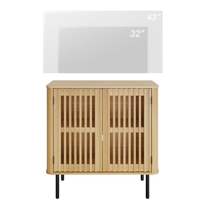 WAMPAT 31.5" W Fluted TV Stand with Storage for Living Room up to 43" TVs | Wood Entertainment Center, Pop-up Doors & Drawer, Mid Century Modern TV Media Console, Cable Management, Bedroom, Oak