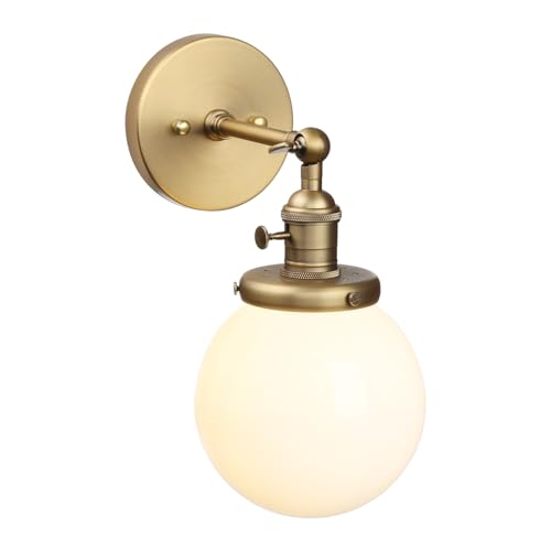 Hardwired Wall Sconce with White Globe, Brass Bathroom Vanity Light with On Off Switch, Vintage Wall Light Fixtures for Living Room Loft Hallway