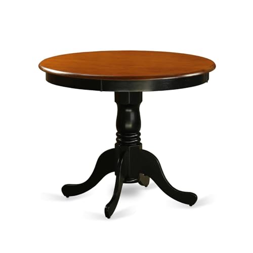 BOWERY HILL 36" Round Wood Dining Table, Black and Cherry Finish, Traditional Style, Pedestal Base, Solid Rubberwood Construction, Mid-Century Design for Kitchen or Dining Room Use - color: Black and Cherry