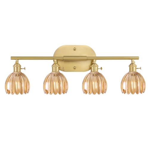 Shenmoyl Bathroom Light Fixtures, 4-Light Brass Vanity wall Light Over Mirror with Amber Tulip Glass Shade for Bedroom Living Room (Bulb Not Included) - color: Yellow Gold Base-Amber, size: 4-light