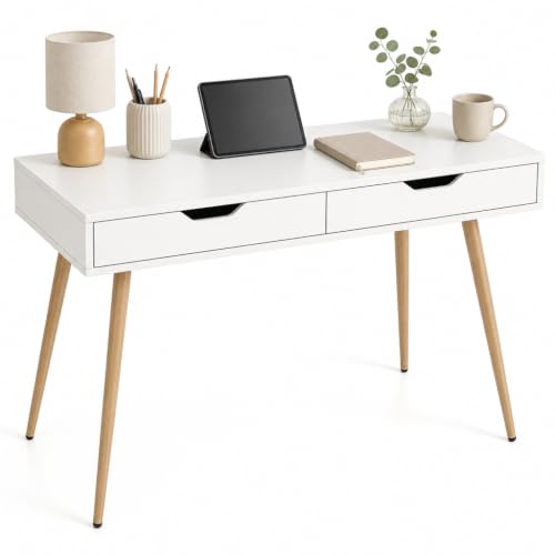 GIANTEX Mid-Century Desk with 2 Drawers, 42.5" Writing Study Desk with Tapered Legs, Home Office Computer Workstation PC Laptop Desk, Modern Makeup Vanity Table for Bedroom (White & Natural)