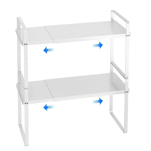 Expandable Cabinet Shelf Organizer, Stackable Kitchen Pantry Counter Storage, Adjustable Closet Cupboard Stand Rack Risers Spice Organization 80LBS Heavy Duty White 2 Pack - color: White