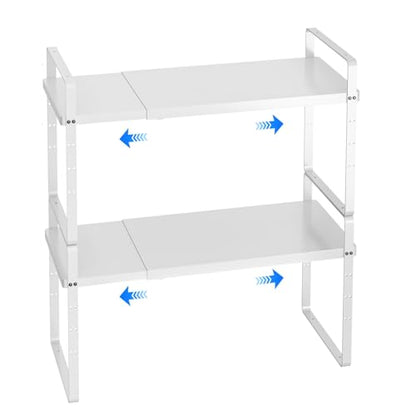 Expandable Cabinet Shelf Organizer, Stackable Kitchen Pantry Counter Storage, Adjustable Closet Cupboard Stand Rack Risers Spice Organization 80LBS Heavy Duty White 2 Pack - color: White