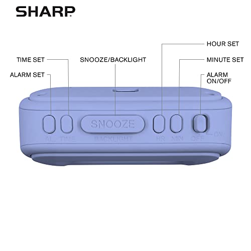 Sharp Battery Alarm Clock with Soft-Touch Case and Blue Backlight, Lavender | Soft-touch rubberized case; Battery operated; Blue backlight on demand; Ascending alarm; Snooze; Easy to use - color: Lavender