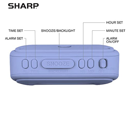 Sharp Battery Alarm Clock with Soft-Touch Case and Blue Backlight, Lavender | Soft-touch rubberized case; Battery operated; Blue backlight on demand; Ascending alarm; Snooze; Easy to use - color: Lavender