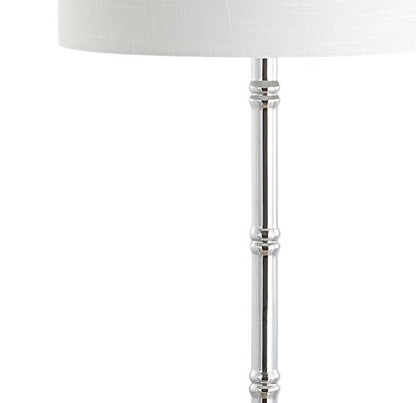 JONATHAN Y Hall 62" Metal LED End Table Floor Lamp, Chrome | 20.5" Round Surface, White Linen Drum Shade, Modern Tripod Base, Standing Light, Living Room, Bulb Included - color: Chrome