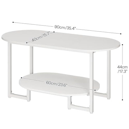 HOOBRO Coffee Table for Living Room, Oval Small Coffee Table with 2-Tier Open Storage Shelf, Industrial Cocktail Tea Table, Wooden Desktop Center Table, Farmhouse, Home Office, White WW09KF01 - color: White