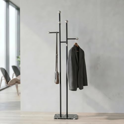 Heavy Duty Office Coat Rack Freestanding, Marble Base Metal | 1.0mm thickened iron tree with 8 stainless steel hooks. Anti-toppling heavy marble base for modern office & reception. - color: black