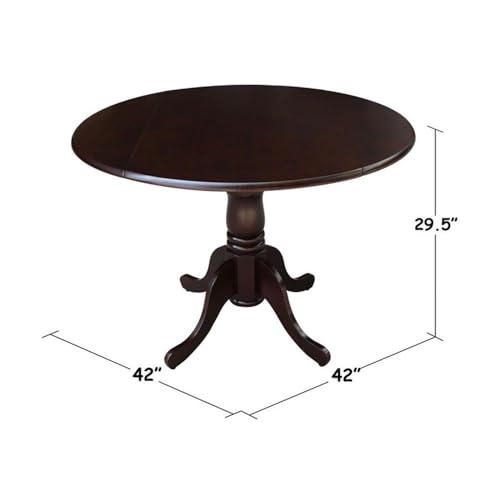 IC International Concepts, 42" Round Dual Drop Leaf Pedestal Dining Table, Solid Real Wood, Sturdy Parawood, Rich Mocha - color: Rich Mocha